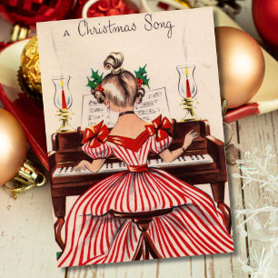 Vintage kerstmeisje spelen piano feestdagenkaart