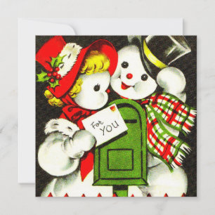 Vintage-kerstmeisje uit 1950 en Boy Snowman Feestdagenkaart