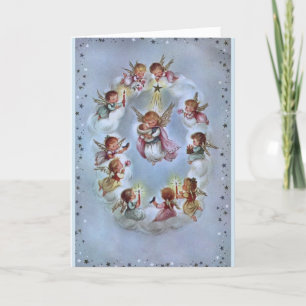 Vintage Kerstmis - Baby Jesus Circled door Angels, Feestdagen Kaart