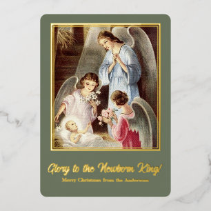 Vintage Kerstmis Baby Jesus Natitivity Folie Card Feestdagenkaart