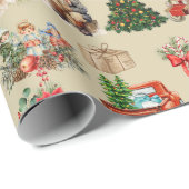 Vintage Kerstmis Collage Goud Cadeaupapier (Rol Hoek)