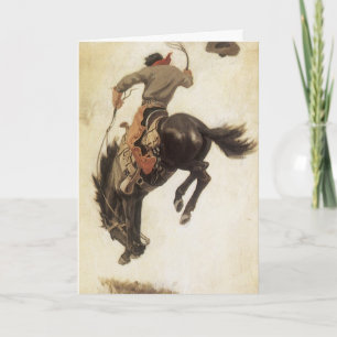 Vintage Kerstmis, Cowboy op Bucking Bronco Horse Feestdagen Kaart