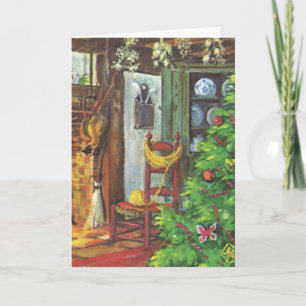 Vintage Kerstmis, Cozy Log Cabin met Fireplace Feestdagen Kaart