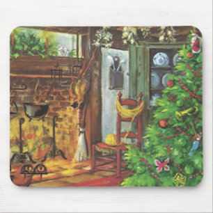 Vintage Kerstmis, Cozy Log Cabin met Fireplace Muismat