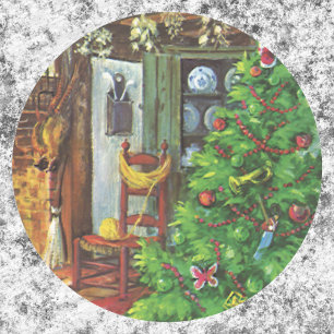 Vintage Kerstmis, Cozy Log Cabin met Fireplace Ronde Sticker