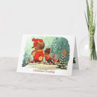 Vintage Kerstmis, Dieren die leren te skien Feestdagen Kaart