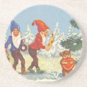 Vintage Kerstmis, Elves in het sneeuwbos Zandsteen Onderzetter
