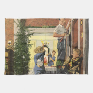 Vintage Kerstmis, Familie Decorteert het Huis Theedoek