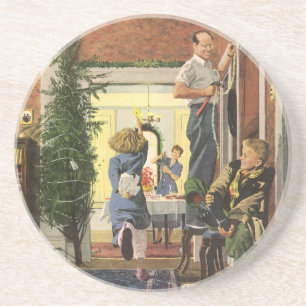Vintage Kerstmis, Familie Decorteert het Huis Zandsteen Onderzetter