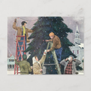Vintage Kerstmis, familieaanstekers op bomen Feestdagenkaart