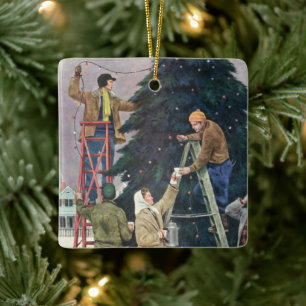 Vintage Kerstmis, familieaanstekers op bomen Keramisch Ornament
