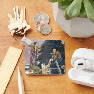 Vintage Kerstmis, familieaanstekers op bomen Sleutelhanger