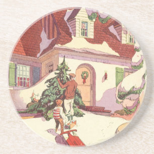 Vintage Kerstmis, Familiehuis in de sneeuw Zandsteen Onderzetter