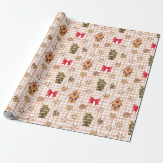 Vintage Kerstmis Gingham Pattern Cadeaupapier (Uitgerold)