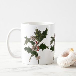 Vintage Kerstmis, Green Holly Plant met Berries Koffiemok