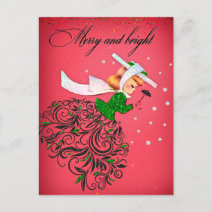 Vintage Kerstmis groene glitter sjaal meisje Briefkaart