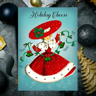 Vintage Kerstmis groene klokken rode glitter meisj Feestdagenkaart
