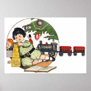 Vintage Kerstmis, Happy Boy die speelt met speelgo Poster