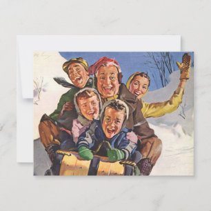 Vintage Kerstmis, Happy Family Toboggan Slaping Feestdagenkaart