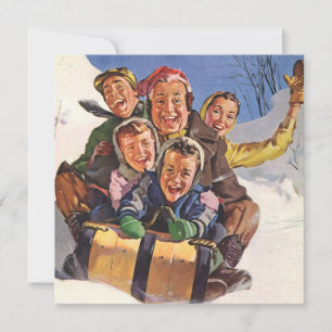 Vintage Kerstmis, Happy Family Toboggan Slaping Kaart