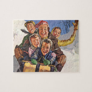 Vintage Kerstmis, Happy Family Toboggan Slaping Legpuzzel