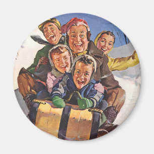 Vintage Kerstmis, Happy Family Toboggan Slaping Magneet