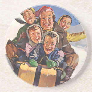 Vintage Kerstmis, Happy Family Toboggan Slaping Zandsteen Onderzetter