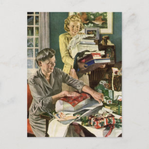 Vintage Kerstmis, Happy Family Wrapping Gifts Feestdagenkaart