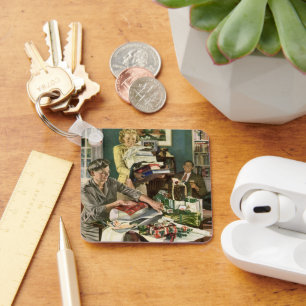 Vintage Kerstmis, Happy Family Wrapping Gifts Sleutelhanger