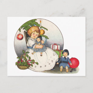 Vintage Kerstmis, Happy Girl die met Dolls speelt Feestdagenkaart