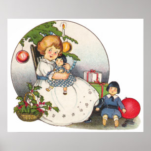 Vintage Kerstmis, Happy Girl die met Dolls speelt Poster