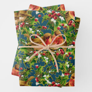 Vintage Kerstmis Holly Faux Gold Pattern Inpakpapier Vel