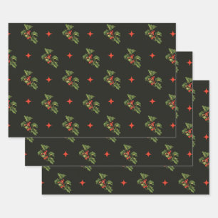 Vintage Kerstmis Holly Leaves en Stars Pattern Inpakpapier Vel