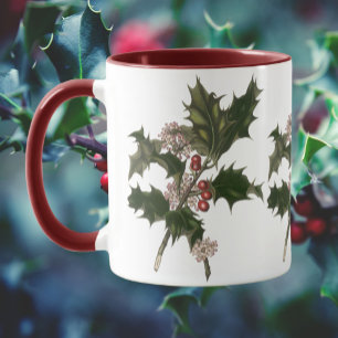 Vintage Kerstmis, Holly Plant met rode bessen Mok