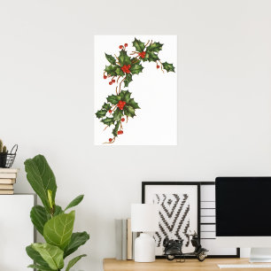 Vintage Kerstmis, Holly Plant met rode bessen Poster