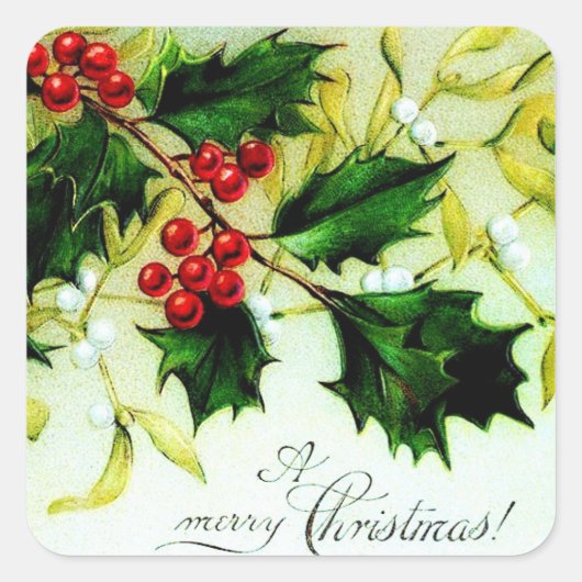 Vintage Kerstmis Holly Vierkante Sticker (Voorkant)