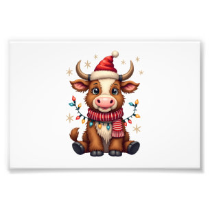 Vintage Kerstmis Hoogland Koe in Kerstman Hoed Cut Foto Afdruk