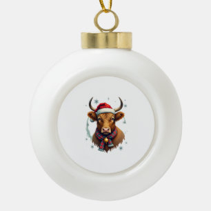 Vintage Kerstmis Hoogland Koe Santa Hoed Kleurig Keramische Bal Ornament