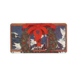 Vintage kerstmis in een raam met sneeuw etiket