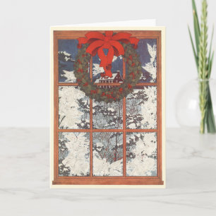 Vintage kerstmis in een raam met sneeuw feestdagen kaart