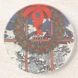 Vintage kerstmis in een raam met sneeuw zandsteen onderzetter