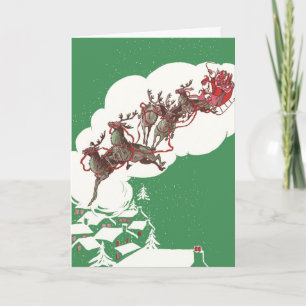 Vintage Kerstmis, Jolly Santa Claus Flying Sleigh Feestdagen Kaart