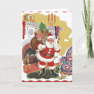 Vintage Kerstmis, Jolly Santa Claus met Cadeaus Feestdagen Kaart