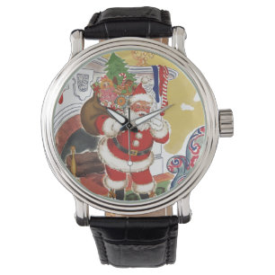 Vintage Kerstmis, Jolly Santa Claus met Cadeaus Horloge