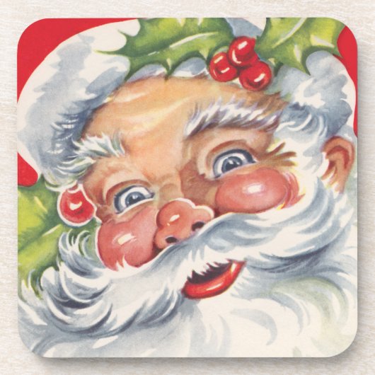 Vintage Kerstmis, Jolly Santa Claus met zijn Pet Onderzetter (Voorkant)