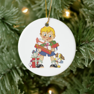 Vintage Kerstmis, Jongen met Cadeaus en Puppy Dog Keramisch Ornament