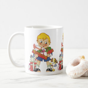 Vintage Kerstmis, Jongen met Cadeaus en Puppy Dog Koffiemok