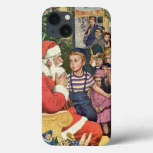 Vintage Kerstmis, jongen op kerstmantel iPhone 13 Hoesje
