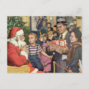 Vintage Kerstmis, jongen op kerstmantel Feestdagenkaart