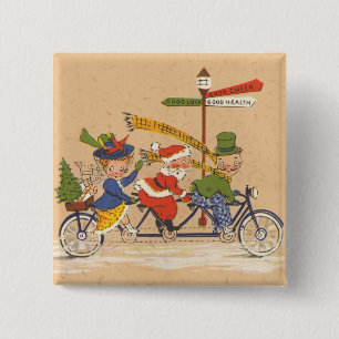 Vintage Kerstmis, kerstman die een fiets bestuurt Vierkante Button 5,1 Cm